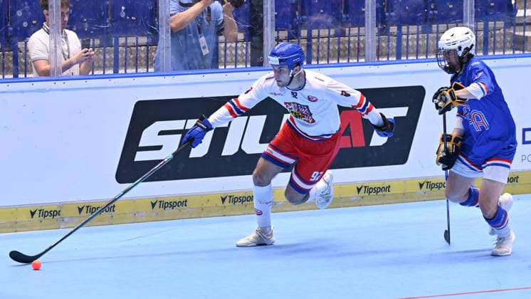 L-R Jan Cejka (CZE) and John Nikolajski (USA) in action during the Men s World Ball Hockey Championship Final: Czech Republic vs. USA, Ostravar Arena, Ostrava, June 28, 2026. (CTKxPhoto JaroslavxOzana) CTKPhotoP2026062805321  CTKPhotoP2026062805321