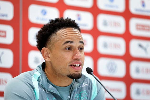 FIFA World Cup, WM, Weltmeisterschaft, Fussball 2026 - Switzerland press conference, PK, Pressekonferenz Switzerland s Noah Okafor attends a press conference of the Swiss national soccer team at the SDJA in San Diego, California, USA, 28 June 2026. San Diego United States  Copyright: xPETERxKLAUNZERx