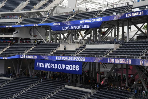 RECORD DATE NOT STATED 28th June 2026; SoFi Stadium, Los Angeles, California, United States of America; FIFA World Cup, WM, Weltmeisterschaft, Fussball Football, South Africa versus Canada; Los Angeles FIFA World Cup 2026 displayed on LED panel at SoFi Stadium AlecxBrown