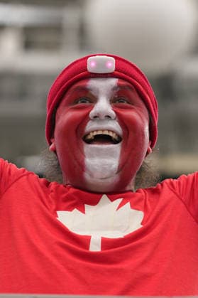 RECORD DATE NOT STATED 28th June 2026; SoFi Stadium, Los Angeles, California, United States of America; FIFA World Cup, WM, Weltmeisterschaft, Fussball Football, South Africa versus Canada; a Canada fan in full team colours face paint cheers AlecxBrown