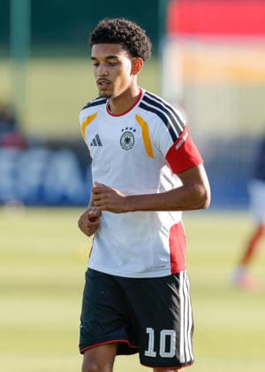Denbighshire, Wales, 28th June 2026. Francis Onyeka of Germany warms up ahead of the Germany U19 vs Denmark U19 UEFA European U19 Championship match at Central Park, Denbighshire. Picture credit should read: Cody Froggatt Sportimage EDITORIAL USE ONLY. No use with unauthorised audio, video, data, fixture lists, club league logos or live services. Online in-match use limited to 120 images, no video emulation. No use in betting, games or single club league player publications. SPI_008_CF_GERMANY_U19_V_DENMARK_U19 SPI-4848-0008