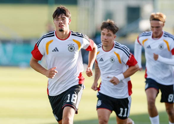 Denbighshire, Wales, 28th June 2026. Mirza Catovic of Germany warms up ahead of the Germany U19 vs Denmark U19 UEFA European U19 Championship match at Central Park, Denbighshire. Picture credit should read: Cody Froggatt Sportimage EDITORIAL USE ONLY. No use with unauthorised audio, video, data, fixture lists, club league logos or live services. Online in-match use limited to 120 images, no video emulation. No use in betting, games or single club league player publications. SPI_010_CF_GERMANY_U19_V_DENMARK_U19 SPI-4848-0010