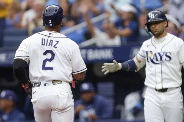 June 28, 2026, St. Petersburg, Florida, USA: Tampa Bay Rays designated hitter Yandy DoÂ­az (2) is congratulated by right fielder Victor Mesa Jr. (25) after scoring in the first inning against the Arizona Diamondbacks on Sunday, June 28, 2026 in St. Petersburg. Florida News - June 28, 2026  - ZUMAs70_ 0860238160st Copyright: xLuisxSantanax
