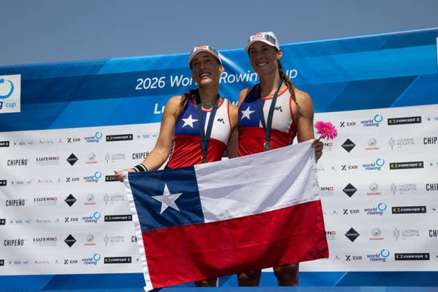 RECORD DATE NOT STATED 28th June 2026; Lucerne, Switzerland; World Rowing Cup Day Three; Womens Pair (W2-) - the medal ceremony - Chile celebrate the bronze medal AnthonyxBenoit