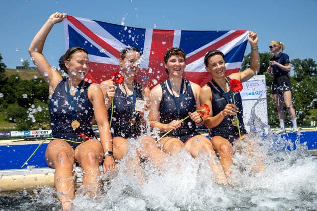 RECORD DATE NOT STATED 28th June 2026; Lucerne, Switzerland; World Rowing Cup Day Three; Womens Quadruple Sculls (W4x) - the medal ceremony - Great Britain celebrate the gold medal AnthonyxBenoit