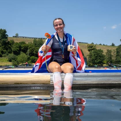 RECORD DATE NOT STATED 28th June 2026; Lucerne, Switzerland; World Rowing Cup Day Three; Womens Single Sculls (W1x) - the medal ceremony- Lauren Henry of Great Britain celebrates the gold medal AnthonyxBenoit