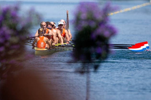 RECORD DATE NOT STATED 28th June 2026; Lucerne, Switzerland; World Rowing Cup Day Three; the Netherlandss Men& x2019;s Eight (M8+), gold medalists, after the medal ceremony AnthonyxBenoit