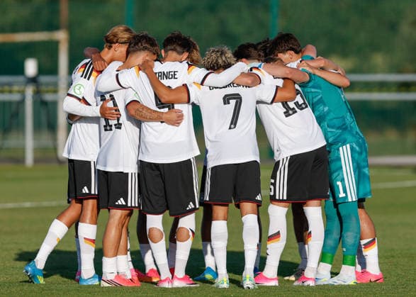 Denbighshire, Wales, 28th June 2026. Players of Germany have a team huddle ahead of the Germany U19 vs Denmark U19 UEFA European U19 Championship match at Central Park, Denbighshire. Picture credit should read: Cody Froggatt Sportimage EDITORIAL USE ONLY. No use with unauthorised audio, video, data, fixture lists, club league logos or live services. Online in-match use limited to 120 images, no video emulation. No use in betting, games or single club league player publications. SPI_14_CF_GERMANY_U19_V_DENMARK_U19 SPI-4848-0014