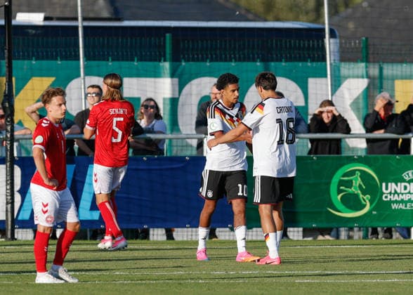 Denbighshire, Wales, 28th June 2026. Francis Onyeka of Germany celebrates scoring their sides first goal the Germany U19 vs Denmark U19 UEFA European U19 Championship match at Central Park, Denbighshire. Picture credit should read: Cody Froggatt Sportimage EDITORIAL USE ONLY. No use with unauthorised audio, video, data, fixture lists, club league logos or live services. Online in-match use limited to 120 images, no video emulation. No use in betting, games or single club league player publications. SPI_16_CF_GERMANY_U19_V_DENMARK_U19 SPI-4848-0016