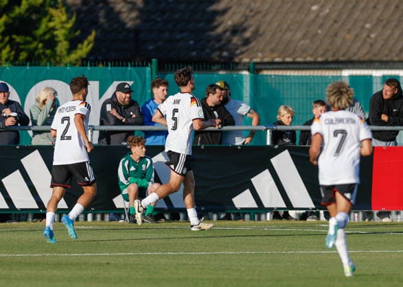 Denbighshire, Wales, 28th June 2026. Ben Nink of Germany celebrates their sides second goal the Germany U19 vs Denmark U19 UEFA European U19 Championship match at Central Park, Denbighshire. Picture credit should read: Cody Froggatt Sportimage EDITORIAL USE ONLY. No use with unauthorised audio, video, data, fixture lists, club league logos or live services. Online in-match use limited to 120 images, no video emulation. No use in betting, games or single club league player publications. SPI_17_CF_GERMANY_U19_V_DENMARK_U19 SPI-4848-0017