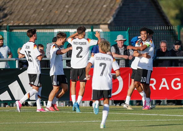 Denbighshire, Wales, 28th June 2026. The players of Germany celebrates their sides second goal the Germany U19 vs Denmark U19 UEFA European U19 Championship match at Central Park, Denbighshire. Picture credit should read: Cody Froggatt Sportimage EDITORIAL USE ONLY. No use with unauthorised audio, video, data, fixture lists, club league logos or live services. Online in-match use limited to 120 images, no video emulation. No use in betting, games or single club league player publications. SPI_18_CF_GERMANY_U19_V_DENMARK_U19 SPI-4848-0018