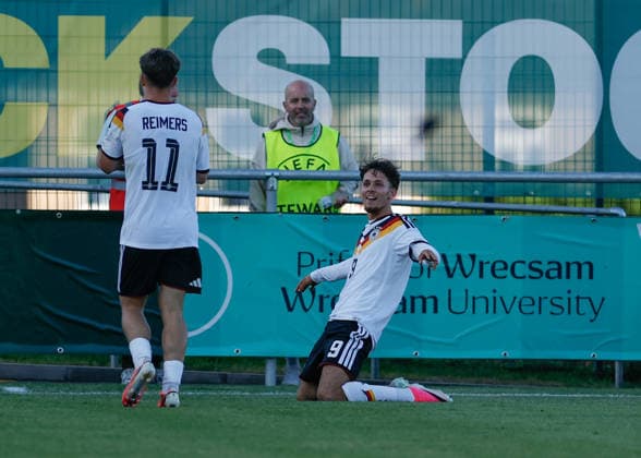 Denbighshire, Wales, 28th June 2026. Otto Stange of Germany celebrates their sides third goal the Germany U19 vs Denmark U19 UEFA European U19 Championship match at Central Park, Denbighshire. Picture credit should read: Cody Froggatt Sportimage EDITORIAL USE ONLY. No use with unauthorised audio, video, data, fixture lists, club league logos or live services. Online in-match use limited to 120 images, no video emulation. No use in betting, games or single club league player publications. SPI_20_CF_GERMANY_U19_V_DENMARK_U19 SPI-4848-0020
