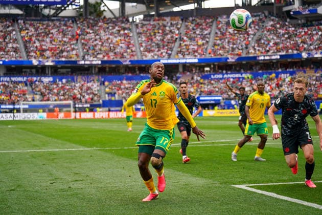 USA: Fußball FIFA World Cup, WM, Weltmeisterschaft, Fussball 2026, Sechzehntelfinale, Round of 32, Südafrika vs Kanada, South Africa vs Canada, SoFi Stadium (Inglewood, Los Angeles County, Kalifornien): Evidence Makgopa (Südafrika 17) Mimik, Gesichtsausdruck, Emotion *** USA Soccer FIFA World Cup 2026, Round of 32, South Africa vs. Canada, SoFi Stadium, Inglewood, Los Angeles County, California; Evidence Makgopa, South Africa, 17; facial expressions, emotions Copyright: xJOERANxSTEINSIEKx