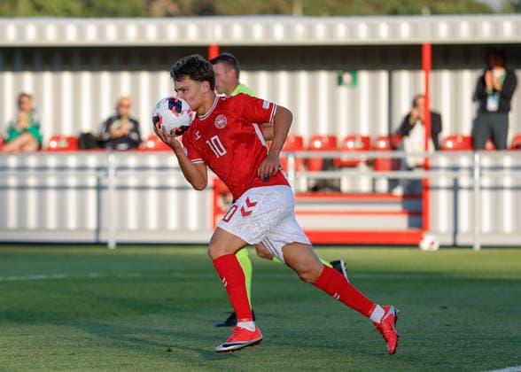 Denbighshire, Wales, 28th June 2026. Olti Hyseni of Denmark celebrates scoring their sides first goal during the Germany U19 vs Denmark U19 UEFA European U19 Championship match at Central Park, Denbighshire. Picture credit should read: Cody Froggatt Sportimage EDITORIAL USE ONLY. No use with unauthorised audio, video, data, fixture lists, club league logos or live services. Online in-match use limited to 120 images, no video emulation. No use in betting, games or single club league player publications. SPI_24_CF_GERMANY_U19_V_DENMARK_U19 SPI-4848-0026