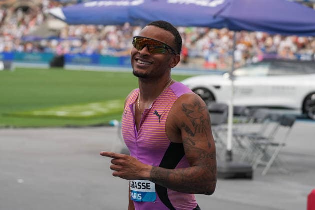 June 28, 2026, Paris, Å½Le-De-France, France: Andre De Grasse of Canada poses for photographers following the men s 100m final during the Wanda Diamond League Meeting de Paris at Stade Charlo ty. Paris France - ZUMAh209 20260628_zsp_h209_025 Copyright: xAlixHabibx