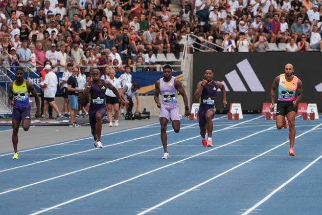 June 28, 2026, Paris, Å½Le-De-France, France: Noah Lyles, Jordan Anthony, Akani Simbine, Trayvon Bromell and Lamont Marcell Jacobs compete during the men s 100m final at the Wanda Diamond League Meeting de Paris at Stade Charlo ty. Paris France - ZUMAh209 20260628_zsp_h209_077 Copyright: xAlixHabibx