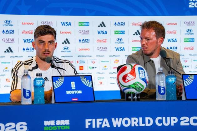 Fußball, FIFA WM 2026, Nationalteam Deutschland, Pressekonferenz FIFA Fussball Weltmeisterschaft 2026, Sechszehntelfinale, Deutschland vs. Paraguay, 28.06.2026, Boston Stadium Pressekonferenz mit Julian Nagelsmann (Deutschland) und Kai Havertz (Deutschland) vor dem Spiel gegen Paraguay *** 2026 FIFA World Cup, Round of 32, Germany vs. Paraguay, June 28, 2026, Boston Stadium Press conference with Julian Nagelsmann (Germany) and Kai Havertz (Germany) ahead of the match against Paraguay Copyright: xBahhoxKarax