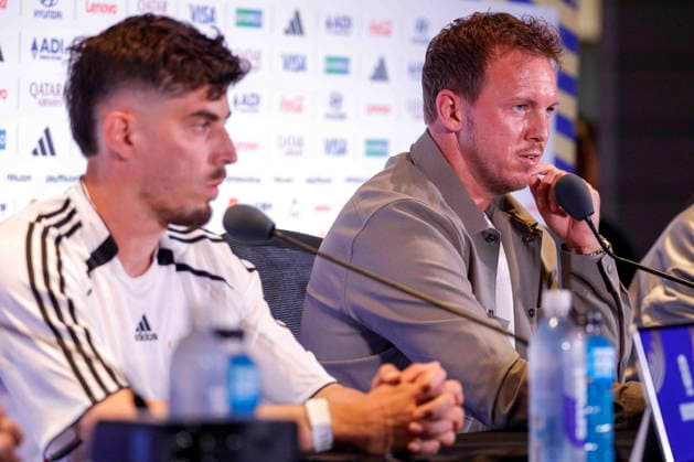 Fußball, FIFA WM 2026, Nationalteam Deutschland, Pressekonferenz FIFA World Cup, WM, Weltmeisterschaft, Fussball 2026 - Germany press conference, PK, Pressekonferenz German National Coach Julian Nagelsmann (R), with German National player Kai Havertz (L), responds to a question from the news media during a press conference at Boston Stadium near Boston in Foxborough, Massachusetts, USA, 28 June 2026. Germany meets Paraguay on 29 June during the 2026 FIFA World Cup round of 32. FOXBOROUGH MASSACHUSETTS United States  Copyright: xSHAWNxTHEWx