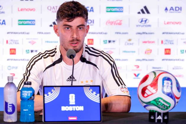 Fußball, FIFA WM 2026, Nationalteam Deutschland, Pressekonferenz FIFA World Cup, WM, Weltmeisterschaft, Fussball 2026 - Germany press conference, PK, Pressekonferenz German National player Kai Havertz responds to a question from the news media during a press conference at Boston Stadium near Boston in Foxborough, Massachusetts, USA, 28 June 2026. Germany meets Paraguay on 29 June during the 2026 FIFA World Cup round of 32. FOXBOROUGH MASSACHUSETTS United States  Copyright: xSHAWNxTHEWx