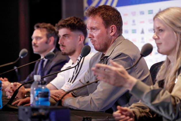 Fußball, FIFA WM 2026, Nationalteam Deutschland, Pressekonferenz FIFA World Cup, WM, Weltmeisterschaft, Fussball 2026 - Germany press conference, PK, Pressekonferenz German National Coach Julian Nagelsmann (R), with German National player Kai Havertz (L), responds to a question from the news media during a press conference at Boston Stadium near Boston in Foxborough, Massachusetts, USA, 28 June 2026. Germany meets Paraguay on 29 June during the 2026 FIFA World Cup round of 32. FOXBOROUGH MASSACHUSETTS United States  Copyright: xSHAWNxTHEWx