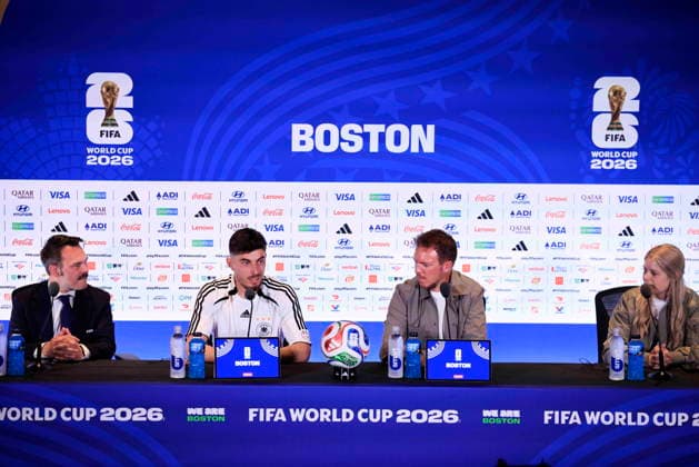 Fußball, FIFA WM 2026, Nationalteam Deutschland, Pressekonferenz FIFA World Cup, WM, Weltmeisterschaft, Fussball 2026 - Germany press conference, PK, Pressekonferenz German National player Kai Havertz (2-L), with German National Coach Julian Nagelsmann (2-R), responds to a question from the news media during a press conference at Boston Stadium near Boston in Foxborough, Massachusetts, USA, 28 June 2026. Germany meets Paraguay on 29 June during the 2026 FIFA World Cup round of 32. FOXBOROUGH MASSACHUSETTS United States  Copyright: xSHAWNxTHEWx