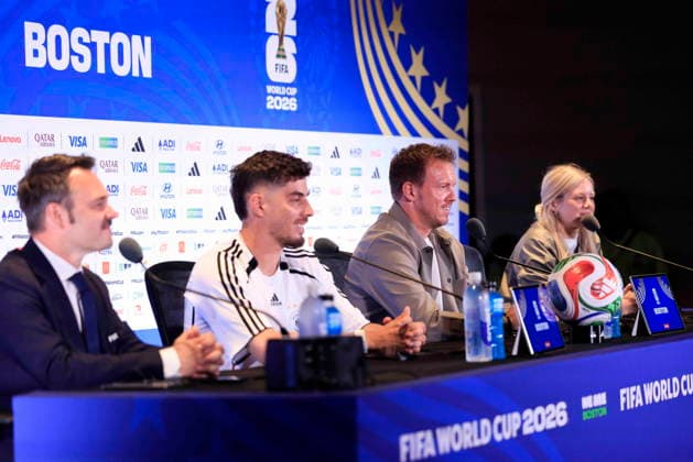 Fußball, FIFA WM 2026, Nationalteam Deutschland, Pressekonferenz FIFA World Cup, WM, Weltmeisterschaft, Fussball 2026 - Germany press conference, PK, Pressekonferenz German National Coach Julian Nagelsmann (2-R), with German National player Kai Havertz (2-L), responds to a question from the news media during a press conference at Boston Stadium near Boston in Foxborough, Massachusetts, USA, 28 June 2026. Germany meets Paraguay on 29 June during the 2026 FIFA World Cup round of 32. FOXBOROUGH MASSACHUSETTS United States  Copyright: xSHAWNxTHEWx