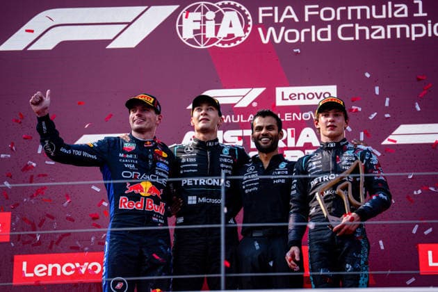 June 28, 2026, Spielberg, Austria: Max Verstappen, George Russell and Andrea Kimi Antonelli on the podium of the Formula 1 Lenovo Austrian Grand Prix 2026 at the Red Bull Ring. Spielberg Austria - ZUMAs197 20260628_aaa_s197_207 Copyright: xLucaxMartinix