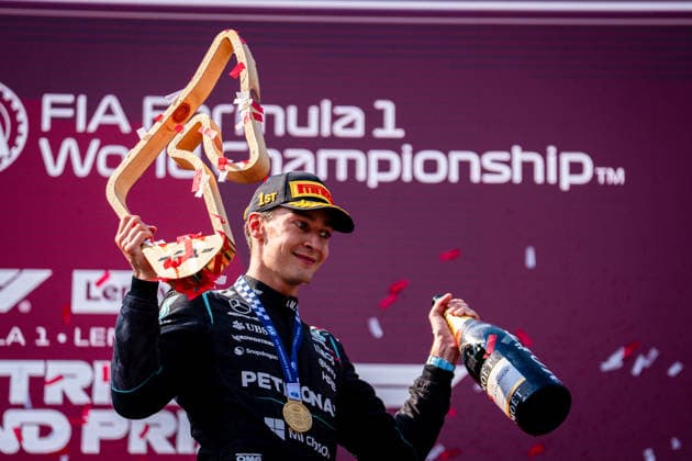 June 28, 2026, Spielberg, Austria: George Russell (GBR) (Mercedes-AMG Petronas F1 Team) celebrates on the podium of the Formula 1 Lenovo Austrian Grand Prix 2026 at the Red Bull Ring. Spielberg Austria - ZUMAs197 20260628_aaa_s197_209 Copyright: xLucaxMartinix