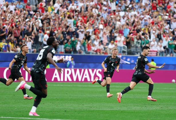 260629 -- LOS ANGELES, June 29, 2026 -- Stephen Eustaquio 1st R of Canada celebrates after scoring during the round of 32 match between Canada and South Africa at the 2026 FIFA World Cup, WM, Weltmeisterschaft, Fussball at Los Angeles Stadium in Los Angeles, the United States, June 28, 2026. SPU.S.-LOS ANGELES-FOOTBALL-FIFA WORLD CUP-ROUND OF 32-CAN VS RSA BaixXuefei  (SP)U.S.-LOS ANGELES-FOOTBALL-FIFA WORLD CUP-ROUND OF 32-CAN VS RSA IMAGO BaixXuefei  imago images 0860242919