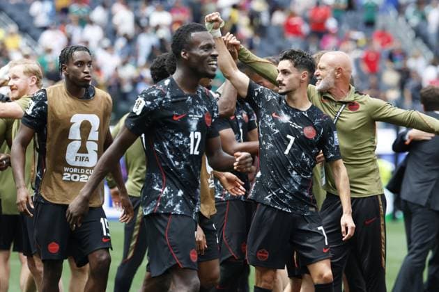 Football: 2026 World Cup Canada players celebrate following a 1-0 victory over South Africa in the football World Cup round of 32 at Los Angeles Stadium in Inglewood, California, on June 28, 2026.  A14AA0005620548P