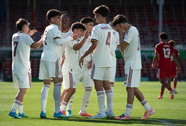 Football - 2026 UEFA European Under-19 Championship (U19 Euros) - Group A: Wales vs. Spain - SToK Cae Ras (Racecourse Ground) - Sunday 28th June 2026 Spain U19 celebrate their fourth goal against Wales U19 COLORSPORT BARRY MITCHELL 