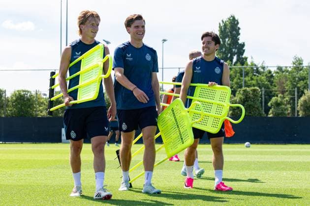 Club s Cisse Sandra, Club s Bjorn Meijer and Club s Hugo Vetlesen pictured during a training session of Belgian first division soccer team Club Brugge, on Monday 29 June 2026 in Brugge, in preparation of the upcoming 2026-2027 Belgian first division soccer season. KURTxDESPLENTER  x179852575x