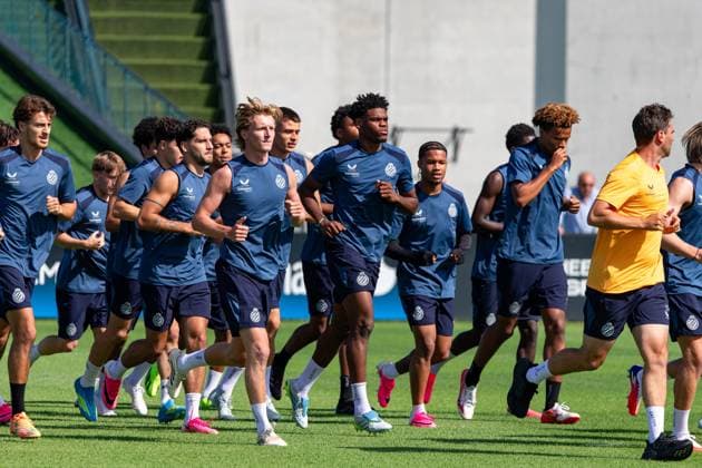 Club s players pictured in action during a training session of Belgian first division soccer team Club Brugge, on Monday 29 June 2026 in Brugge, in preparation of the upcoming 2026-2027 Belgian first division soccer season. KURTxDESPLENTER  x179852815x
