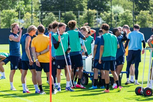 Club s players pictured during a training session of Belgian first division soccer team Club Brugge, on Monday 29 June 2026 in Brugge, in preparation of the upcoming 2026-2027 Belgian first division soccer season. KURTxDESPLENTER  x179852970x