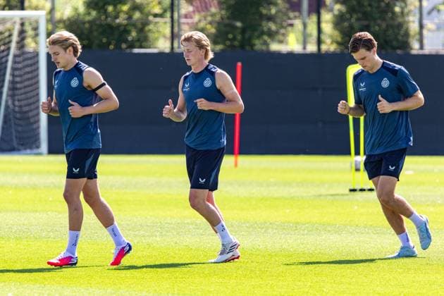 Club s Romeo Vermant, Club s Cisse Sandra and Club s Bjorn Meijer pictured in action during a training session of Belgian first division soccer team Club Brugge, on Monday 29 June 2026 in Brugge, in preparation of the upcoming 2026-2027 Belgian first division soccer season. KURTxDESPLENTER  x179853066x