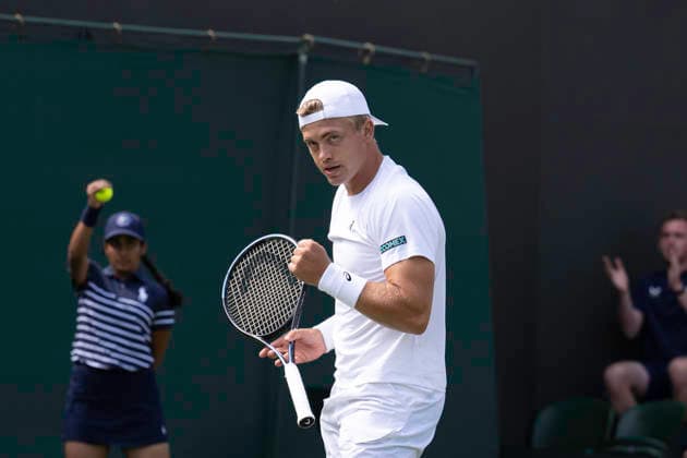 RECORD DATE NOT STATED 29th June 2026; All England Lawn Tennis and Croquet Club, London, England; Wimbledon Tennis Tournament, Day One; Felix Gill (GBR) celebrates winning a game his first round match against Rafael Jodar (ESP) GodfreyxPitt