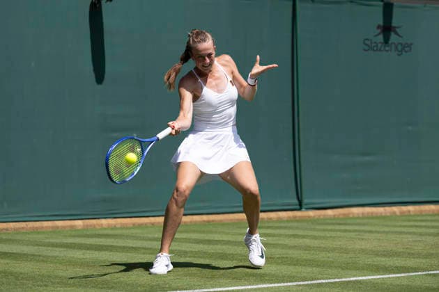RECORD DATE NOT STATED 29th June 2026; All England Lawn Tennis and Croquet Club, London, England; Wimbledon Tennis Tournament, Day One; Belinda Bencic (SUI) plays a forehand in her first round match against Mika Stojsavljevic (GBR) GodfreyxPitt