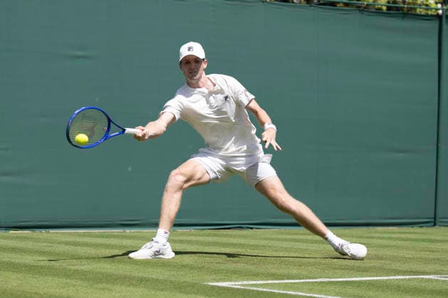 RECORD DATE NOT STATED 29th June 2026; All England Lawn Tennis and Croquet Club, London, England; Wimbledon Tennis Tournament, Day One; Max Basing (GBR) plays a forehand in his first round match against Shintaro Mochizuki (JPN) GodfreyxPitt