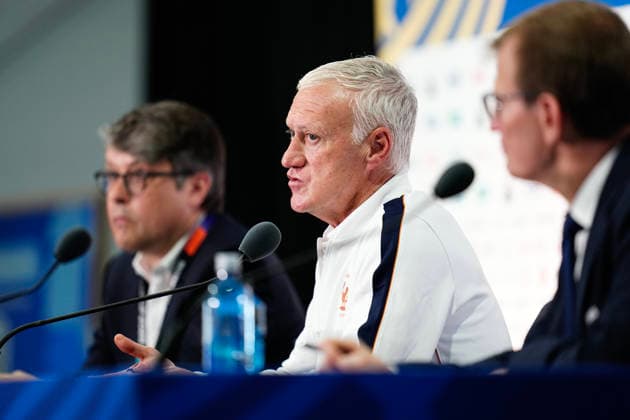 NEW JERSEY, USA 20260629 France national team, Nationalteam captain Didier Deschamps during a press conference, PK, Pressekonferenz in New Jersey ahead of the round of 16 match against Sweden during the World Cup. ***The image is included in the SPORTS PACKAGE. For others PAYMENT IMAGE*** NEW JERSEY USA x9200x *** NEW JERSEY, USA 20260629 France national team captain Didier Deschamps during a press conference in New Jersey ahead of the Round of 16 match against Sweden during the World Cup ***This image is included in the SPORTS PACKAGE. For other images, please contact us for pricing.*** NEW JERSEY, USA x9200x  Copyright: xBjörnxLarssonxRosvall TTx WORLD CUP PRESS CONFERENCE NEW JERSEY