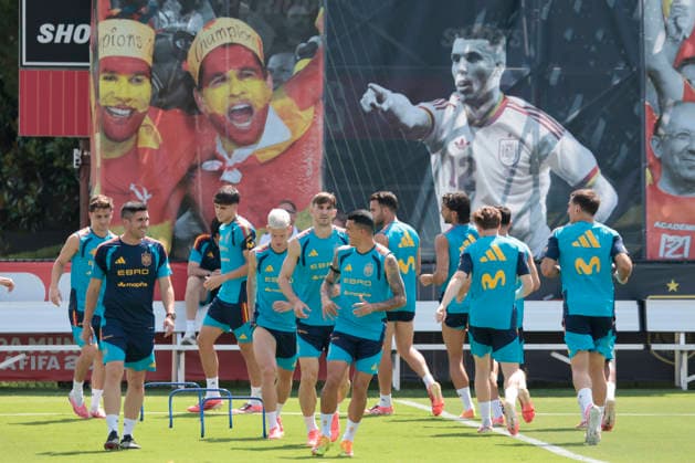 Players of Spain react during the team s training session in Chattanooga, Tenesse, US, at the 2026 FIFA World Cup, WM, Weltmeisterschaft, Fussball on 29 June 2026. Training session of Spain in Chattanooga !ACHTUNG: NUR REDAKTIONELLE NUTZUNG!  Copyright: xLavandeiraxJr.x GRAF7713 20260629-55020746672_1
