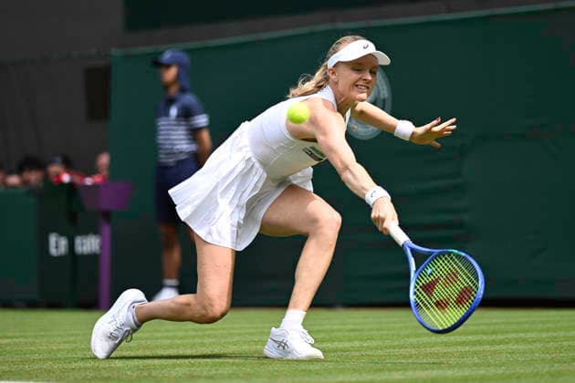 RECORD DATE NOT STATED 29th June 2026; All England Lawn Tennis and Croquet Club, London, England; Wimbledon Tennis Tournament, Day One; Harriet Dart (GBR) plays a backhand in her first round match against Jelena Ostapenko (LAT) GodfreyxPitt