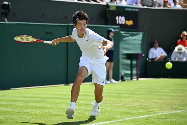 RECORD DATE NOT STATED 29th June 2026; All England Lawn Tennis and Croquet Club, London, England; Wimbledon Tennis Tournament, Day One; Michael Zheng (USA) plays a forehand in his first round match against Cameron Norrie (GBR) GodfreyxPitt