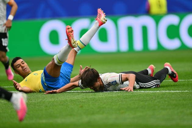 FIFA World Cup, WM, Weltmeisterschaft, Fussball 2026 - Round of 32 - Brazil vs Japan Kaishu Sano (R) celebrates next to Casemiro of Brazil after scoring the 1-0 lead during the FIFA World Cup 2026 Round of 32 match Brazil against Japan, in Houston, USA, 29 June 2026. HOUSTON United States  Copyright: xSAMxWASSONx