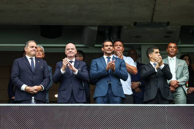 RECORD DATE NOT STATED FIFA World Cup, WM, Weltmeisterschaft, Fussball 2026 - Round of 32 - Brazil v Japan 2026 FIFA President, Gianni Infantino, Samir Xaud, President of the Brazilian Football Confederation (CBF) and former Brazil national team, Nationalteam players Ronaldo Nazario and Cafu in the stand before the FIFA World Cup 2026 Round of 32 match between Brazil and Japan at Houston Stadium, in Texas, United States, on Monday, June 29, 2026.(Foto: Vanessa Carvalho Brazil Photo Press IMAGO) Sports Copyright: xVanessaxCarvalhox