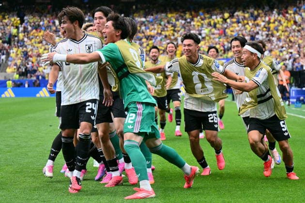 FIFA World Cup, WM, Weltmeisterschaft, Fussball 2026 - Round of 32 - Brazil vs Japan Kaishu Sano (L) of Japan celebrates with teammates after scoring the 1-0 lead during the FIFA World Cup 2026 Round of 32 match Brazil against Japan, in Houston, USA, 29 June 2026. HOUSTON United States  Copyright: xSAMxWASSONx