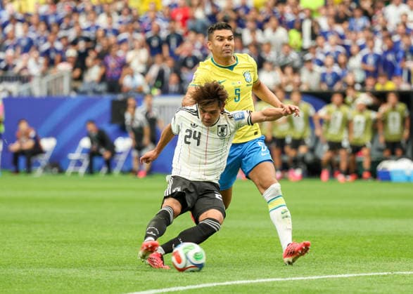 HOUSTON, TX - JUNE 29: Kaishu Sano 24 of Japan shoots on goal in the first half during the FIFA World Cup, WM, Weltmeisterschaft, Fussball 2026 Round of 32 match between Brazil and Japan on June 29, 2026 at Houston Stadium in Houston, Texas. (Photo by Leslie Plaza Johnson Icon Sportswire) SOCCER: JUN 29 FIFA World Cup 26 Round of 32 - Brazil v Japan EDITORIAL USE ONLY Icon260629009