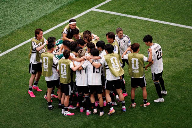 Players of Japan seen celebrating after goal during FIFA World Cup, WM, Weltmeisterschaft, Fussball 2026 Round of 32 game between national teams of Brazil and Japan (Grzegorz Wajda Ball Raw Images) Houston Houston Stadium USA Copyright: xGrzegorzxWajdax grzegorzwajda_brazil_japan_2526_2-11
