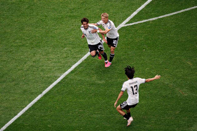 Kaishu Sano, Daizen Maeda and Keito Nakamura seen celebrating after scoring goal during FIFA World Cup, WM, Weltmeisterschaft, Fussball 2026 Round of 32 game between national teams of Brazil and Japan (Grzegorz Wajda Ball Raw Images) Houston Houston Stadium USA Copyright: xGrzegorzxWajdax grzegorzwajda_brazil_japan_2526_2-7