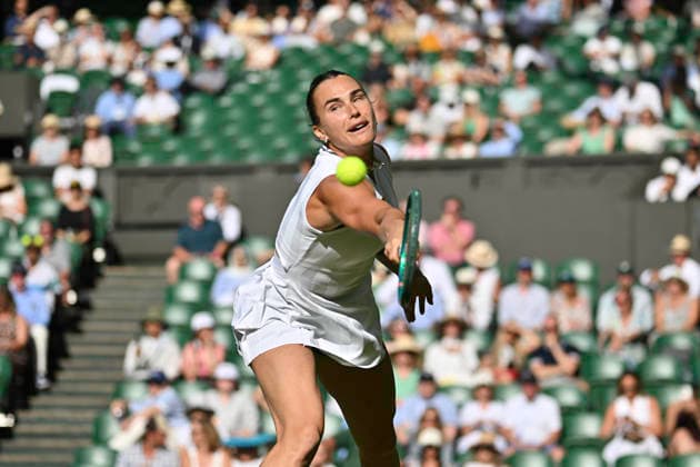 RECORD DATE NOT STATED 29th June 2026; All England Lawn Tennis and Croquet Club, London, England; Wimbledon Tennis Tournament, Day One; Aryna Sabalenka reaches for a backhand in her first round match against Teodora Kostovic (SRB) GodfreyxPitt