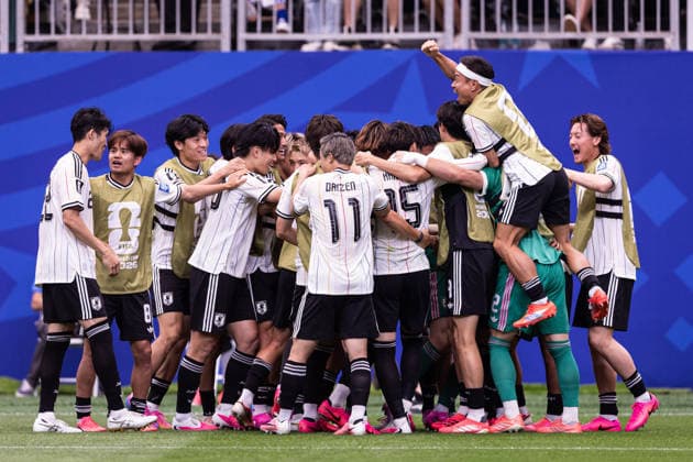 Brazil v Japan: round of 32 - FIFA World Cup, WM, Weltmeisterschaft, Fussball 2026 HOUSTON, TEXAS - JUNE 29: Kaishu Sano 24 of Japan celebrates with teammates after scoring a goal during the FIFA World Cup 2026 round of 32 match between Brazil and Japan at Houston Stadium on June 29, 2026 in Houston, USA. (Photo by Victor Monteiro PxImages) Houston Houston Stadium Texas USA Copyright: xVictorxMonteirox